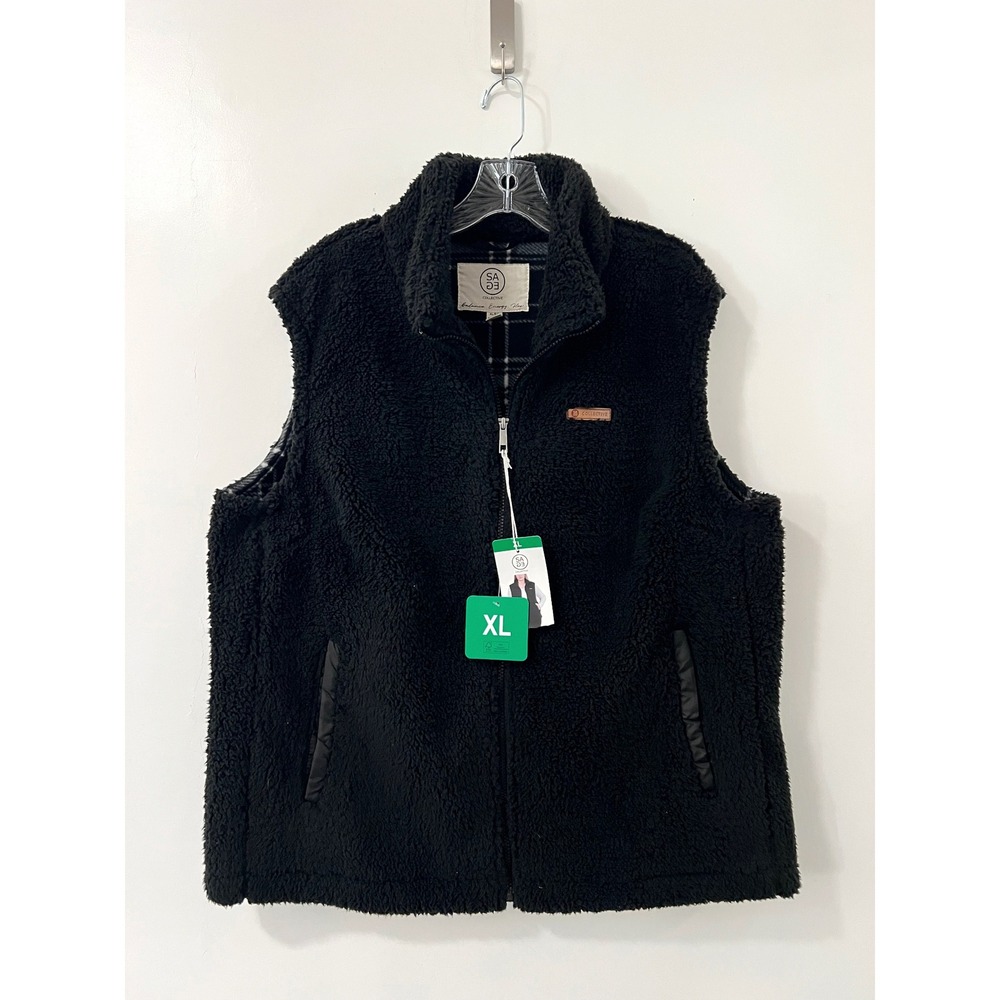 Sage Collective Womens Black Sherpa Fleece Vest Full Zip Plaid Lined Size XL